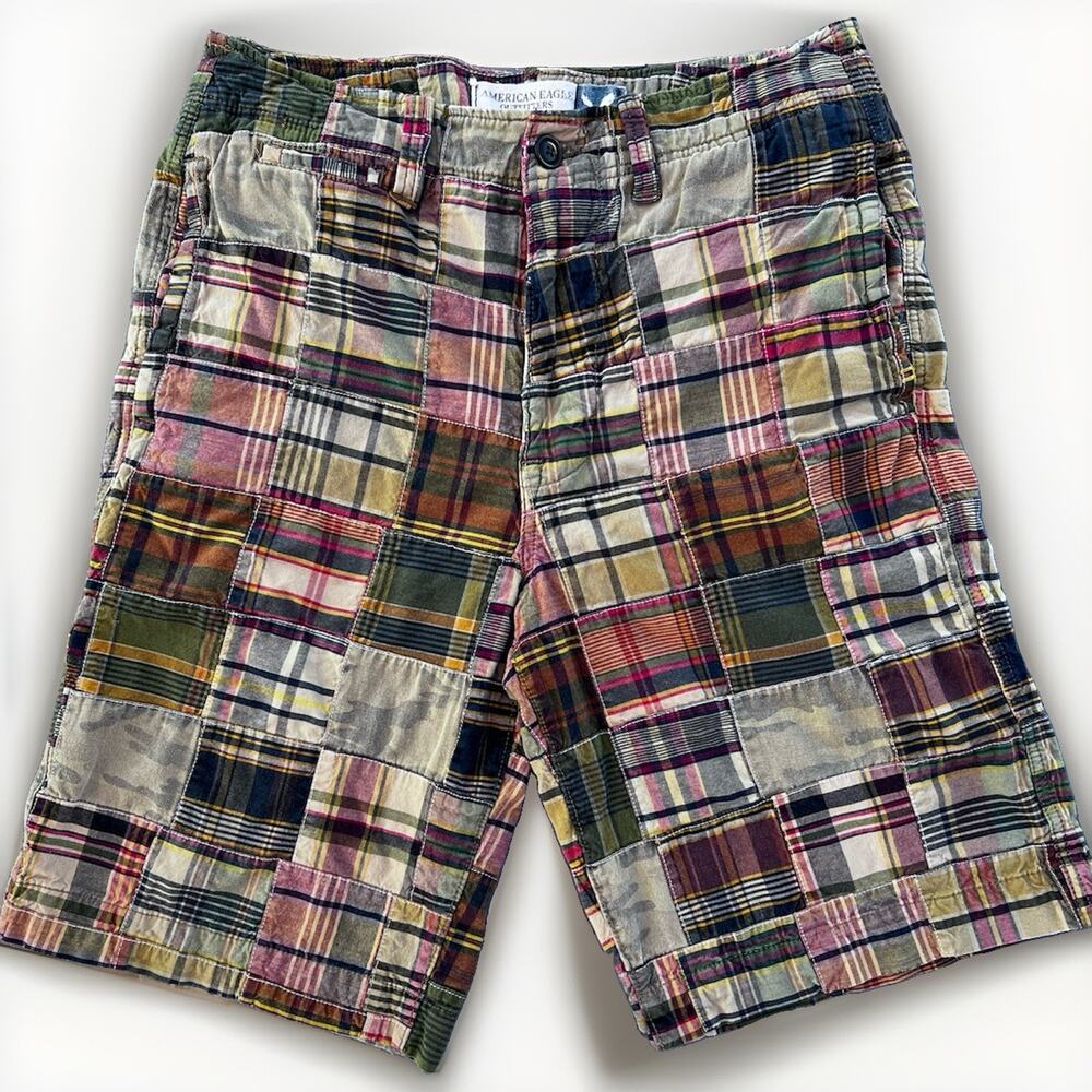 American Eagle Mens Madras Plaid Patchwork Shorts Size 32 Preppy Casual Skater
